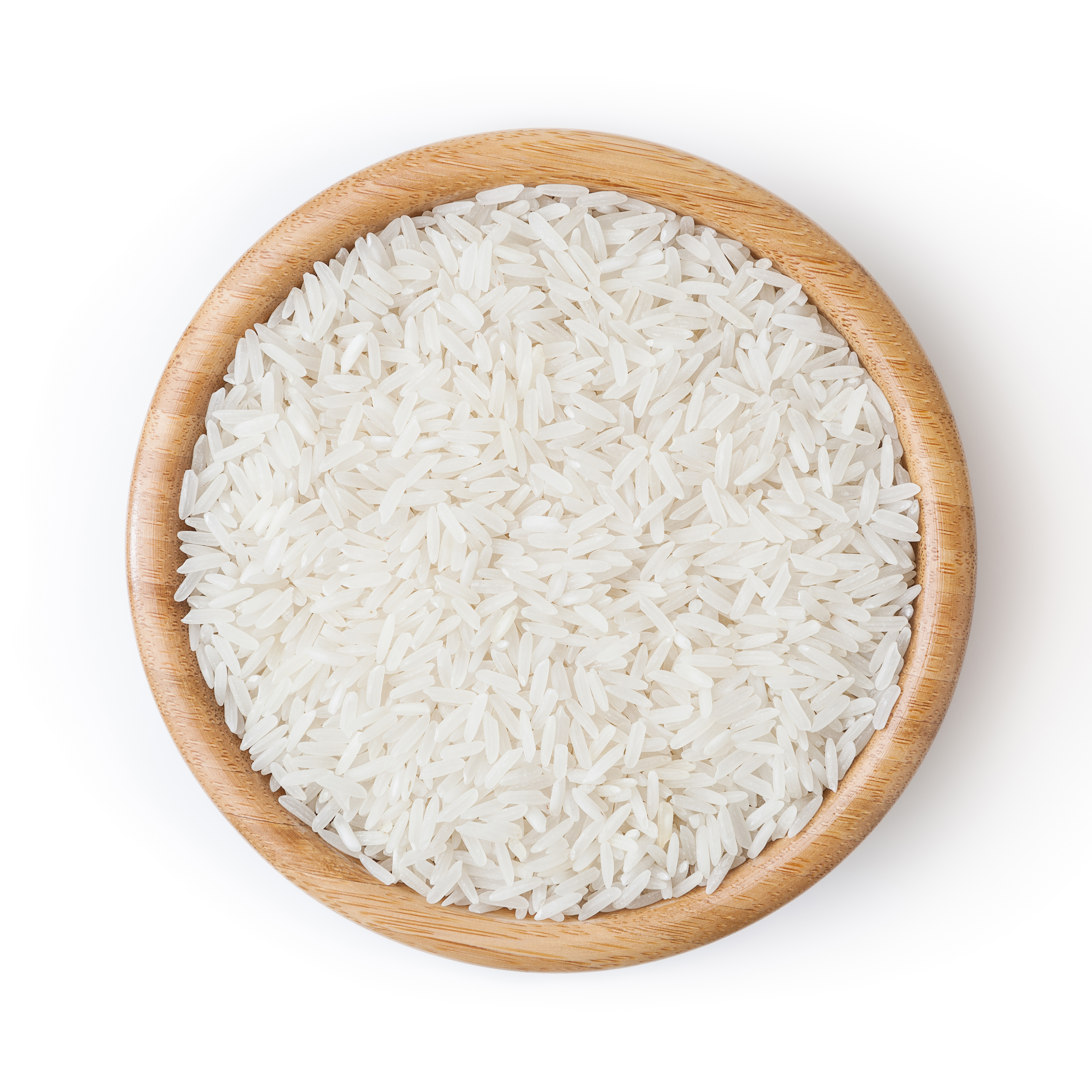 white rice wooden bowl isolated white background with clipping path